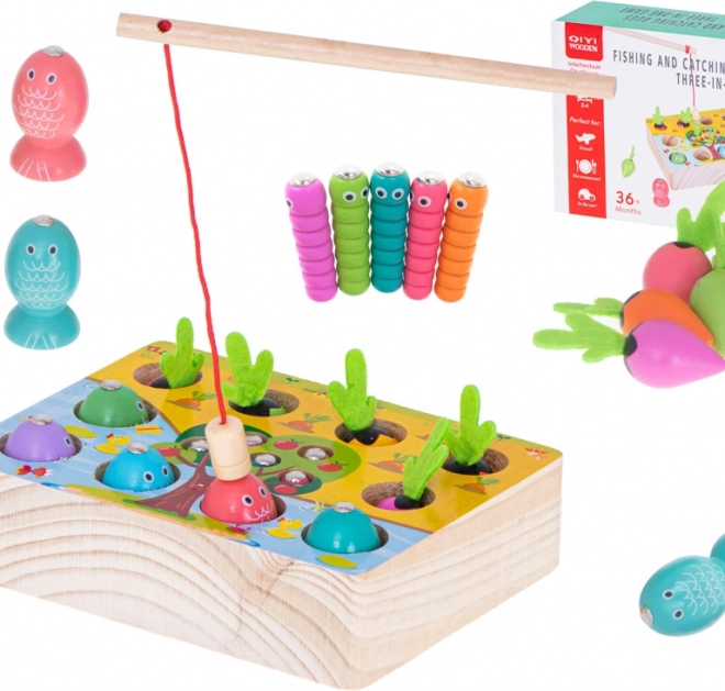 Fa Montessori horgászos és gyűjtögetős játék sárgarépával és kukacokkal
