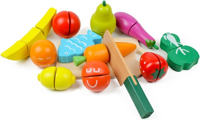 Fából készült gyümölcs- és zöldségkészlet szeleteléshez, 13 db, ECOTOYS