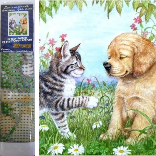 Gyémántfestés Kölyökkutya és kiscica 30 × 40 cm