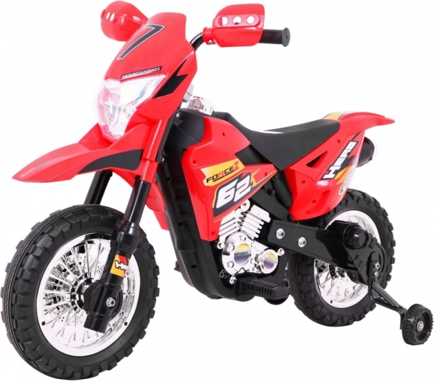 Gyermek elektromos krosszmotorkerékpár 6V – piros, stabilizáló kerekekkel és LED lámpákkal