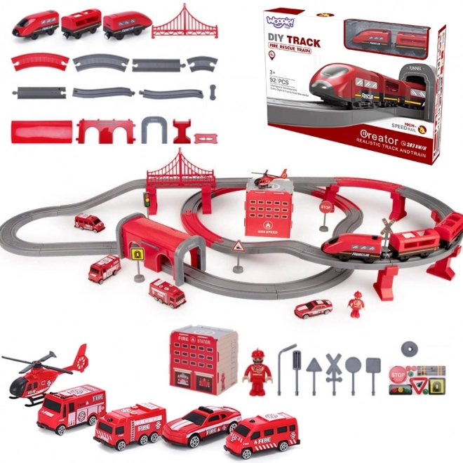 Elektromos vonatpálya - tűzoltósági helikopter és autók 92 db - Woopie