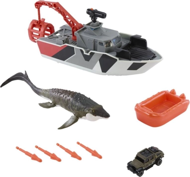 Matchbox Jurassic World mentőcsónak mosasaurusszal és Jeep-pel