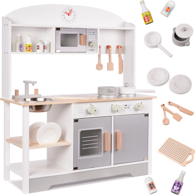 Fa gyerekkonyha, MDF, edényszárítóval, szürke, 82 cm