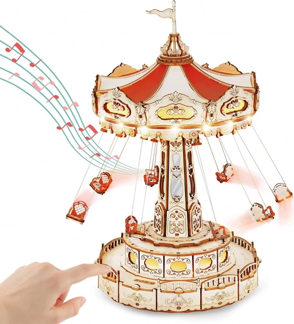 Rokr világító 3D fa puzzle zenélő doboz: Láncos körhinta