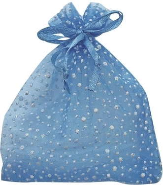 Világoskék organza tasak csillámokkal