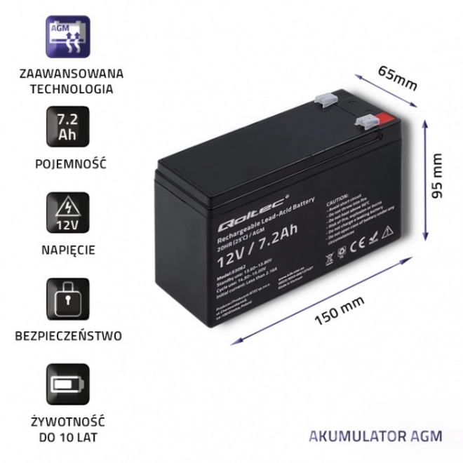 AGM akkumulátor 12V 7,2Ah Qoltec