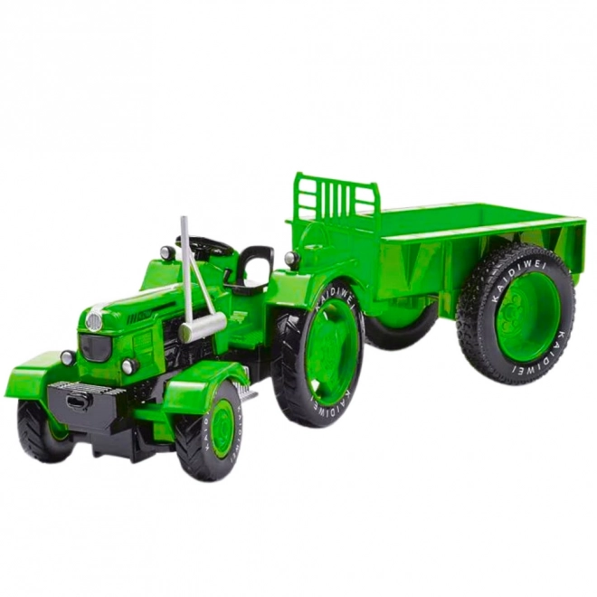 Fém zöld traktor pótkocsival 1:18 méretarányban