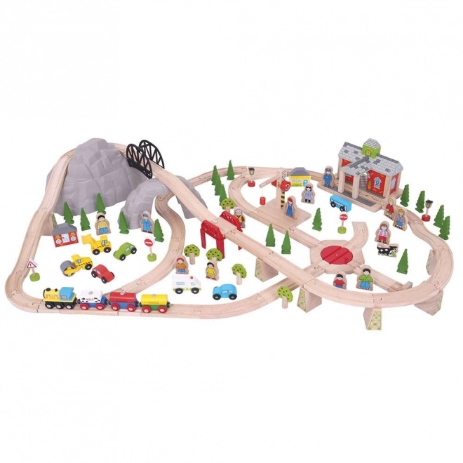 Bigjigs Rail Fa Vasútkészlet hegyi úttal 112 darabból