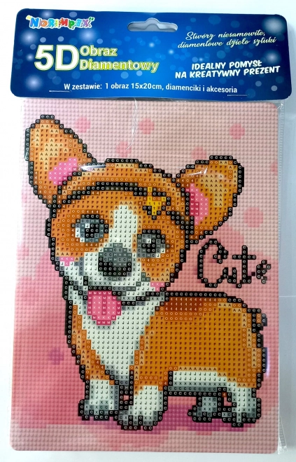 Kreatív gyémánthímzés készlet Welsh Corgi mintával 15x20 cm-es állvánnyal