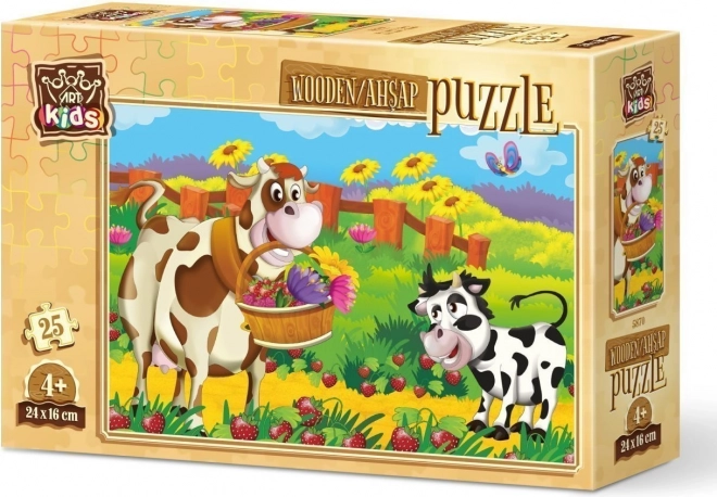 Fa puzzle Tehén virágokkal 25 darabos