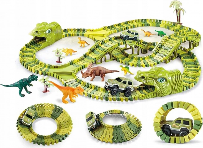 Dinoszaurusz versenypálya autóval és figurákkal