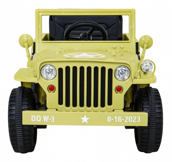 Retro katonai gyerekautó bézs + 4x4 meghajtás + távirányítás + 2 csomagtartó + lassú indulás + MP3 LED
