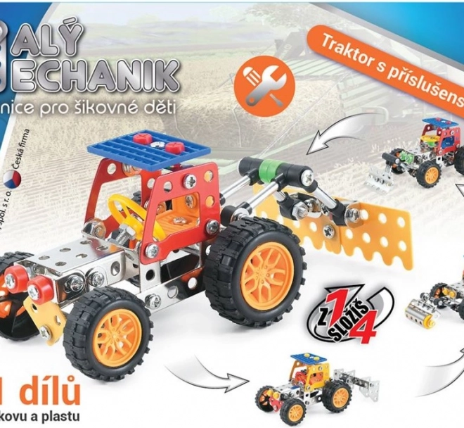 Kis szerelő traktor tartozékokkal