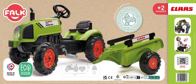 Falk pedálos traktor Claas Arion utánfutóval és nyitható motorháztetővel