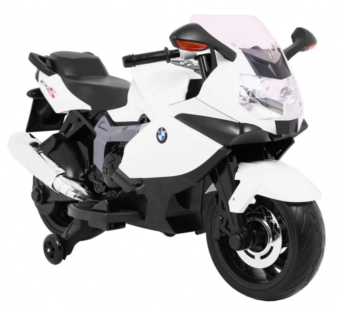 BMW K1300S Gyerek motorkerékpár akkumulátorral fehér + segédkerekek + hangok Fények + lassú indítás