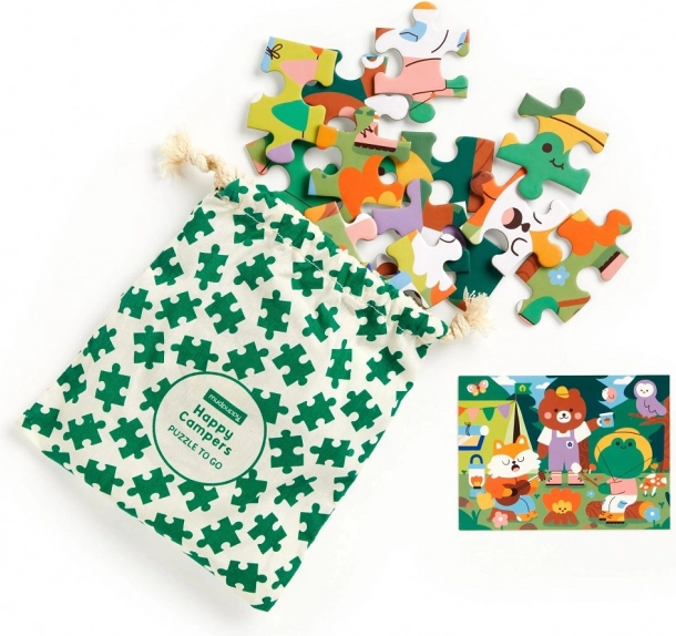 Mudpuppy Puzzle Vidám kempingezők szövetzsákban