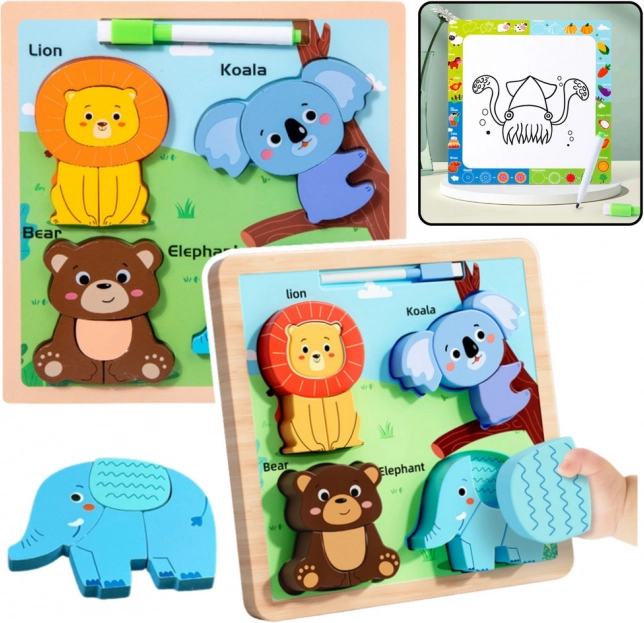 Fából készült oktatási puzzle Állatok rajztáblával