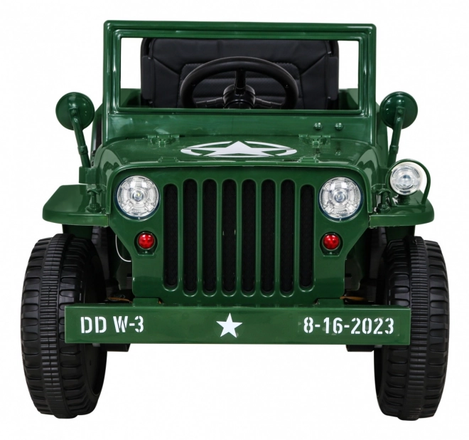 Retro katonai autó gyerekeknek zöld + 4x4 hajtás + távirányítás + 2 poggyásztartó + lassú indítás + MP3 LED