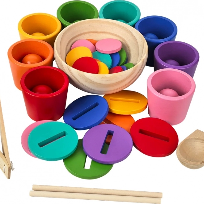 Szivárványgolyók, érmék és pohárkák – Montessori fa készlet 8 színben
