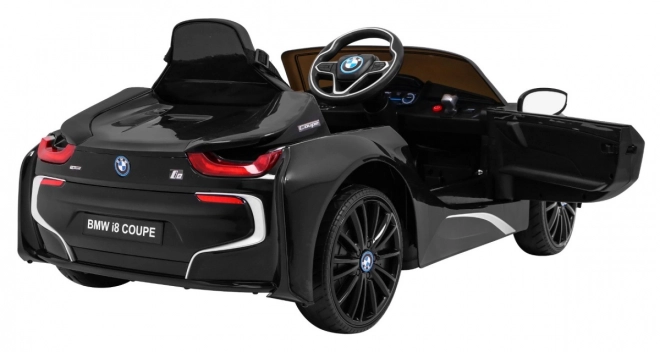 BMW I8 Lift Akkumulátoros Autó Fekete + távirányító + lassú indítás + 3 pontos övek + MP3 USB + LED dióda