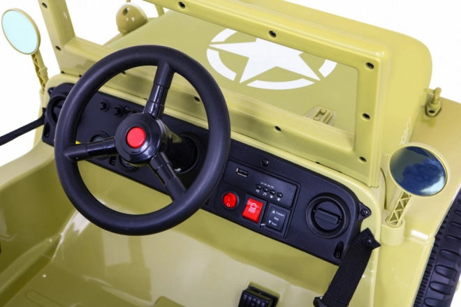 Retro katonai gyerekautó bézs + 4x4 meghajtás + távirányítás + 2 csomagtartó + lassú indulás + MP3 LED