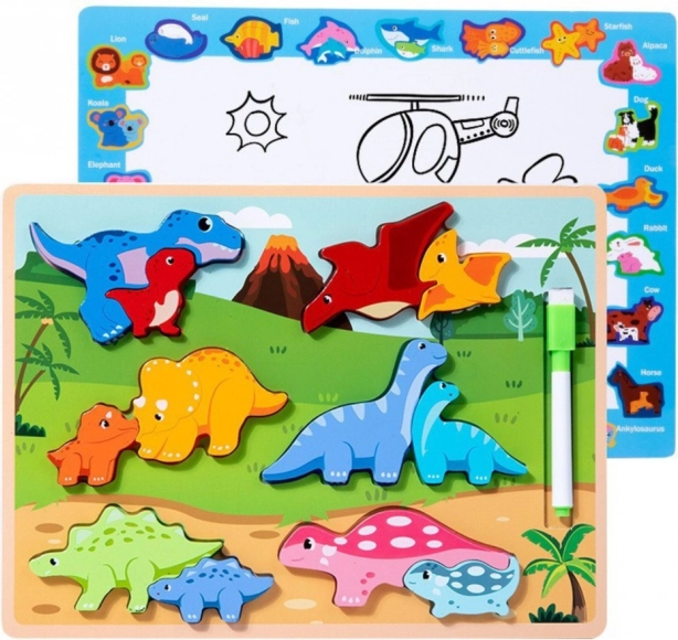 Fa oktatási dinoszaurusz puzzle rajzolótáblával