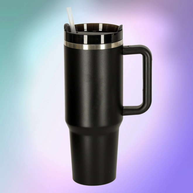 1200 ml fekete termoszbögre szívószállal és füllel