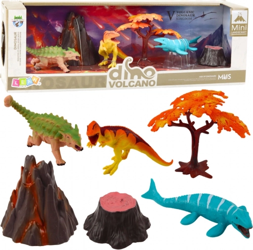 Realisztikus dinoszaurusz figura készlet vulkánnal és fával