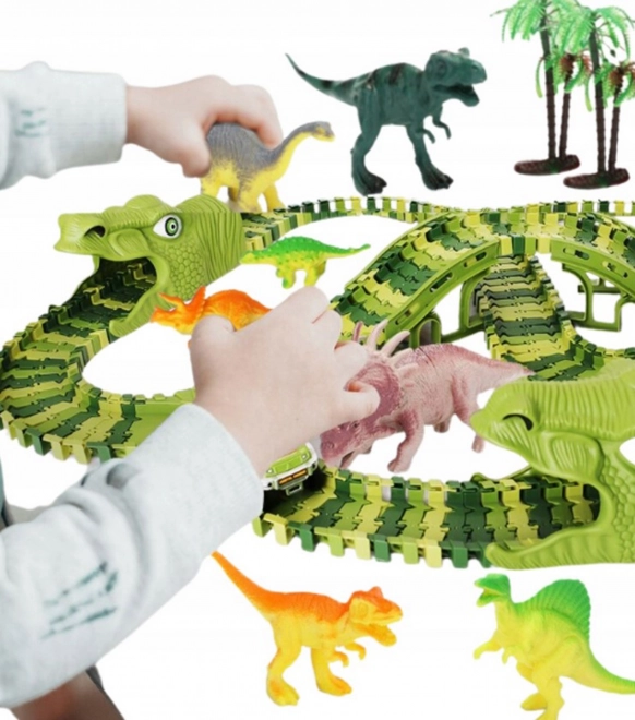 Dinoszaurusz versenypálya autóval és figurákkal