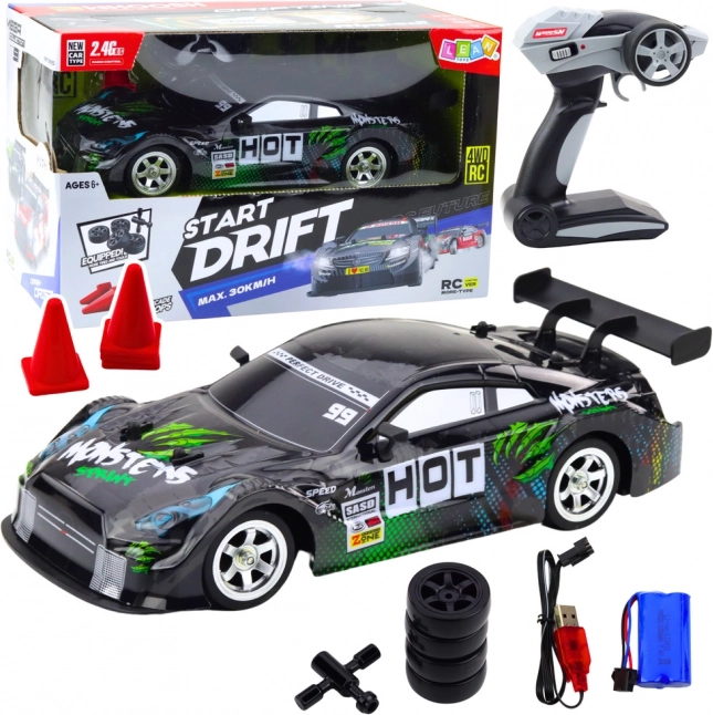 RC versenyautó drifthez fekete-zöld 30 km/h 1:16