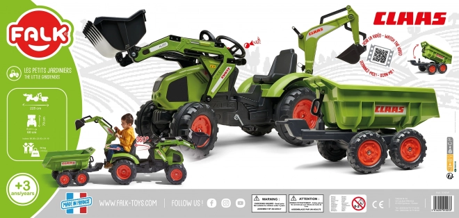 Claas Axos pedálos traktor - elülső és hátsó kanalazóval + pótkocsival