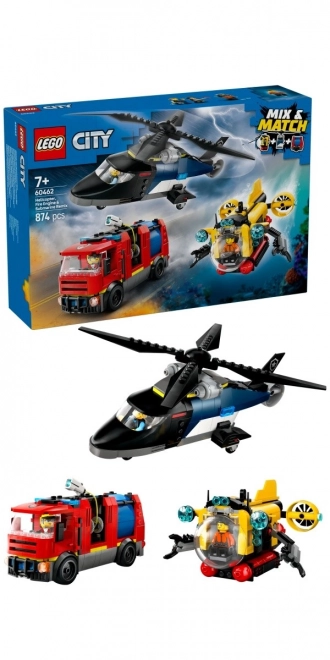 Mentőakció játékconfiguráció helikopterrel és tűzoltóautóval - LEGO City