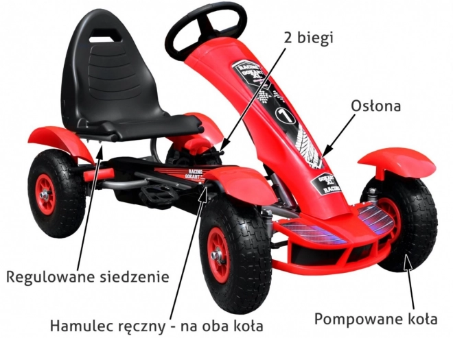 Racing pedálos gokart XL gyerekeknek 3+ Piros + Felfújható kerekek + Állítható ülés + Szabadonfutó