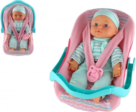 Baba játék puha testtel hordozóban cumival 30 cm
