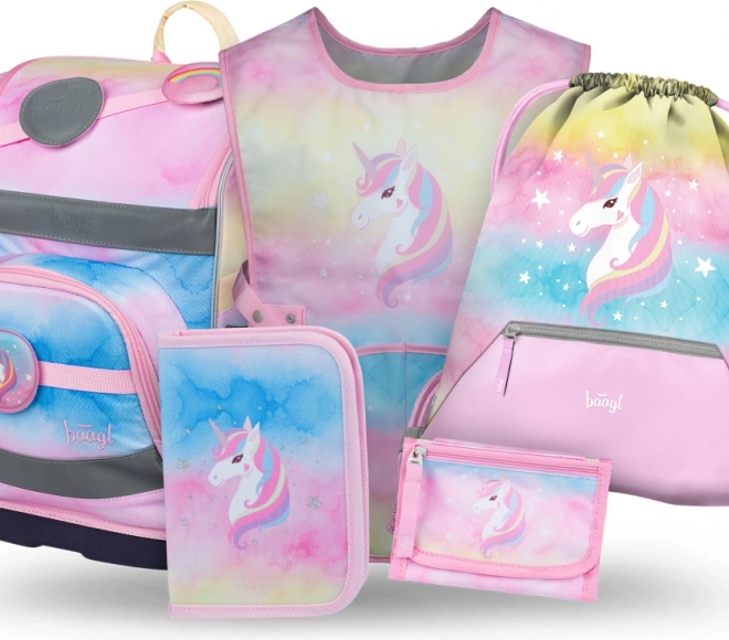 Baagl Zippy Plus Rainbow Unicorn szett: iskolatáska, tolltartó, zsák, kötény, nyakba akasztható pénztárca