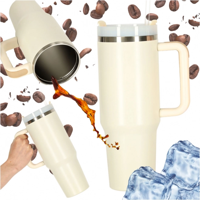 Krémes termoszbögre szívószállal és füllel 1200 ml