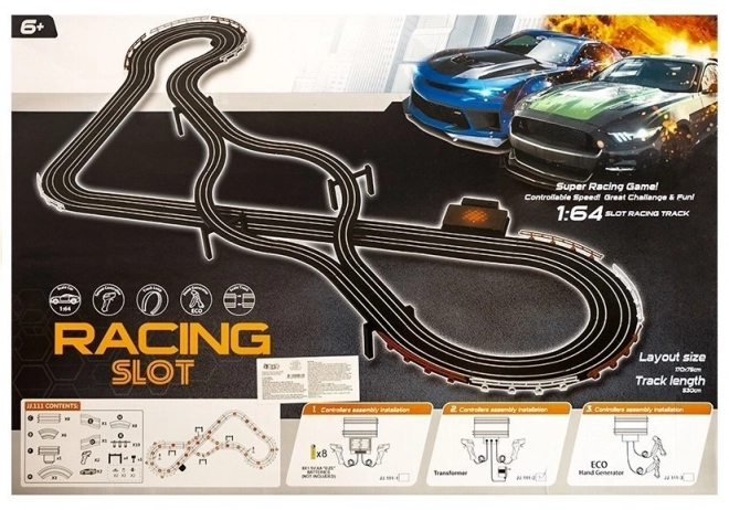 Izgalmas versenypálya 2 autóval - Slot Cars 1:64 méretarányban