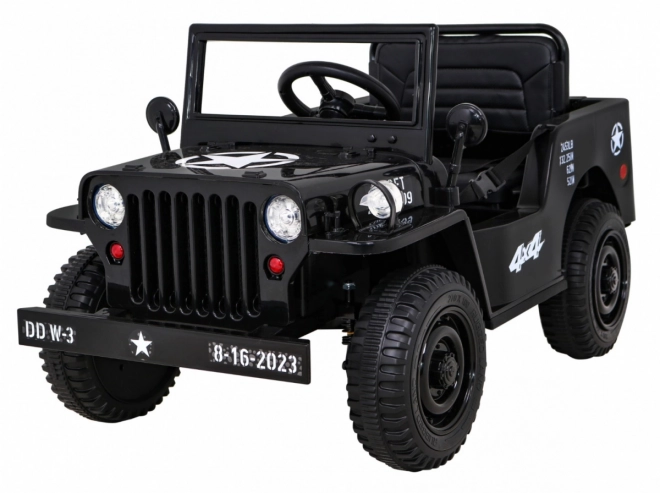 Retro katonai autó gyerekeknek fekete + 4x4 hajtás + távirányító + 2 csomagtartó + lassú indulás + MP3 LED