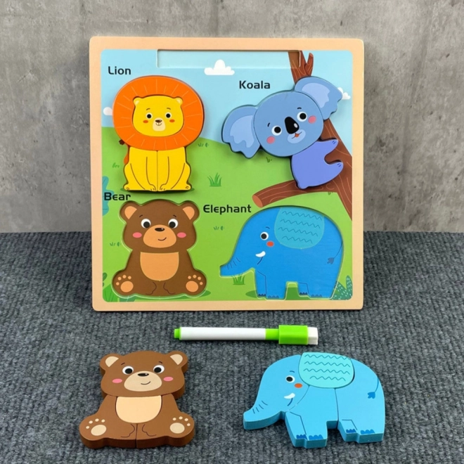 Fából készült oktatási puzzle Állatok rajztáblával