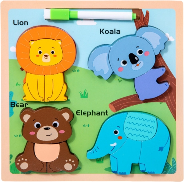 Fából készült oktatási puzzle Állatok rajztáblával