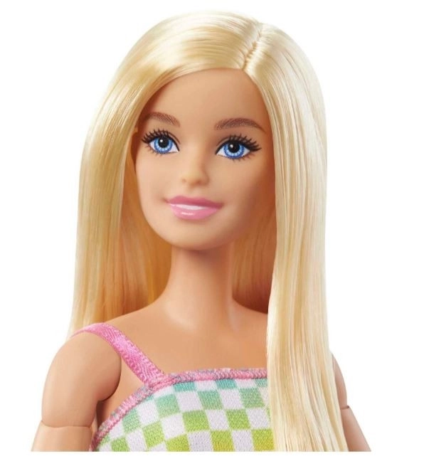 Barbie modell kerekesszékben kockás ruhában