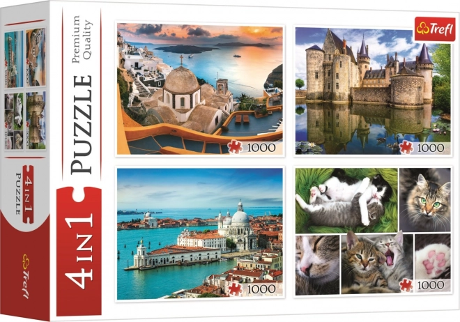 Santorini, Velence, Sully-sur-Loire kastély és macskák puzzle szett - 4 x 1000 darab