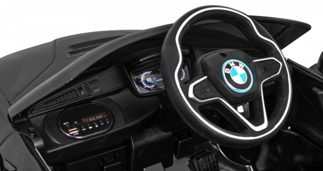 BMW I8 Lift Akkumulátoros Autó Fekete + távirányító + lassú indítás + 3 pontos övek + MP3 USB + LED dióda