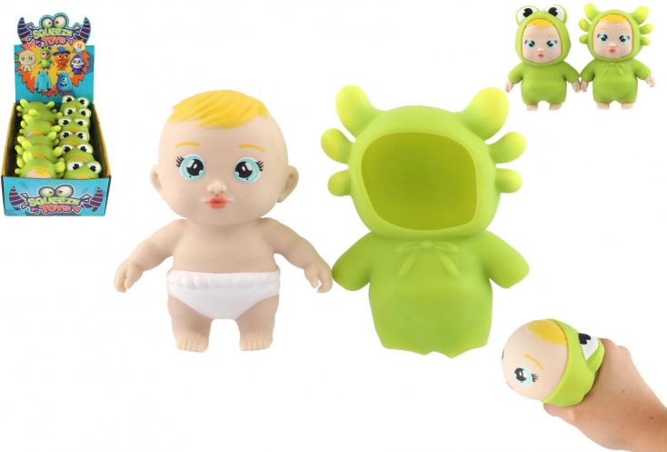 Antistressz szilikon szorongató játék – kisbaba állatjelmezben, 14 cm