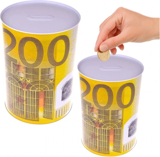 Fém persely, amely egy 200 eurós bankjegy motívumaival ellátott doboz alakú