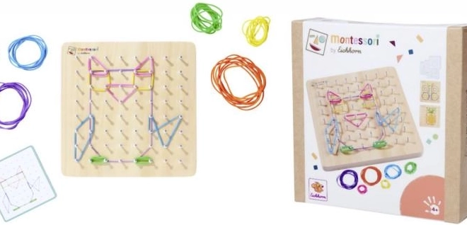 Montessori geometriai tábla színes gumikkal