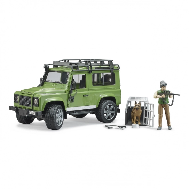 bruder land rover defender vadász figurával és kutyával