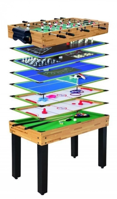 Játékasztal 12 az 1-ben gyerekeknek és felnőtteknek + MDF tábla 105x57x71 cm + asztali foci Biliárd Asztalitenisz Sakk Tekézés