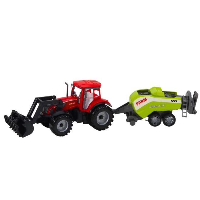 Piros traktor rakodóval és bálázóval