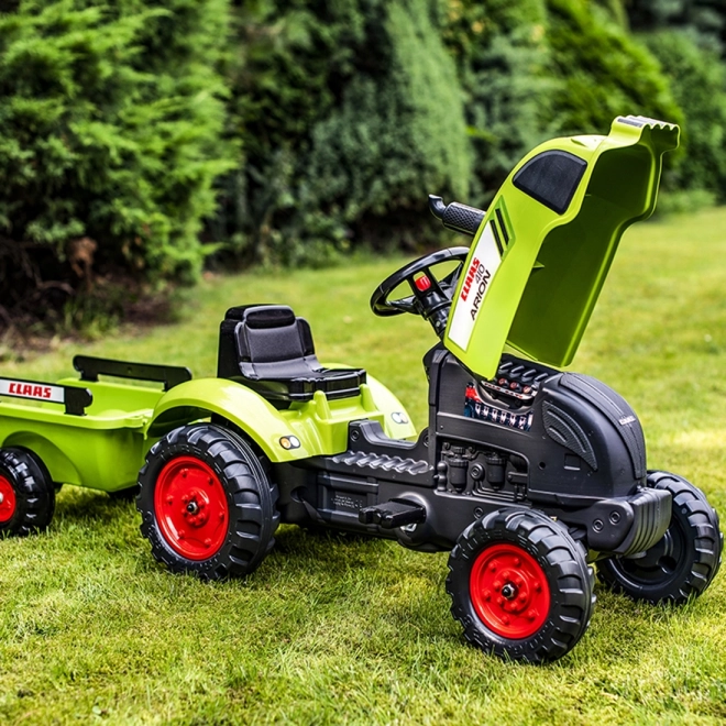 Falk pedálos traktor Claas Arion utánfutóval és nyitható motorháztetővel